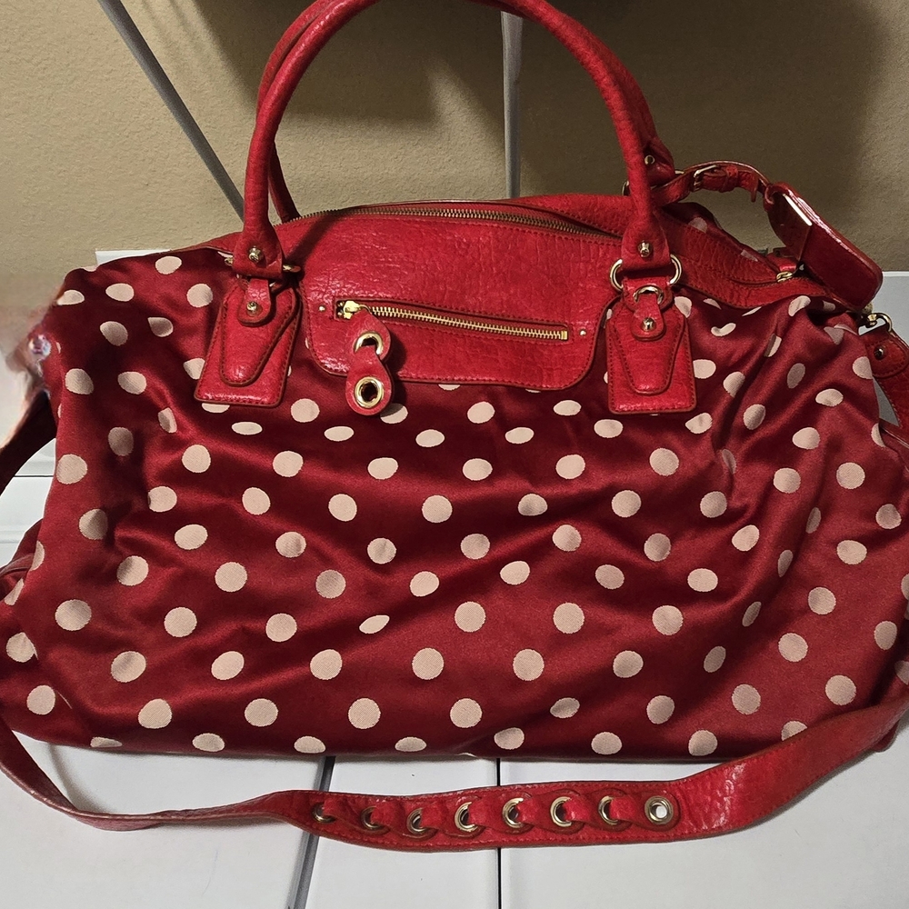 Jessica Simpson Red and Cream Polka Dot Travel Duffle Bag